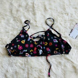 California Waves Black Floral Flouncy Bralette M